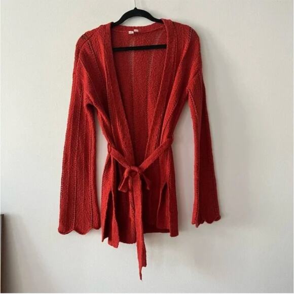 Anthropologie Meadow Rue Priscilla Rust Pointelle Belted Cardigan - Picture 2 of 6